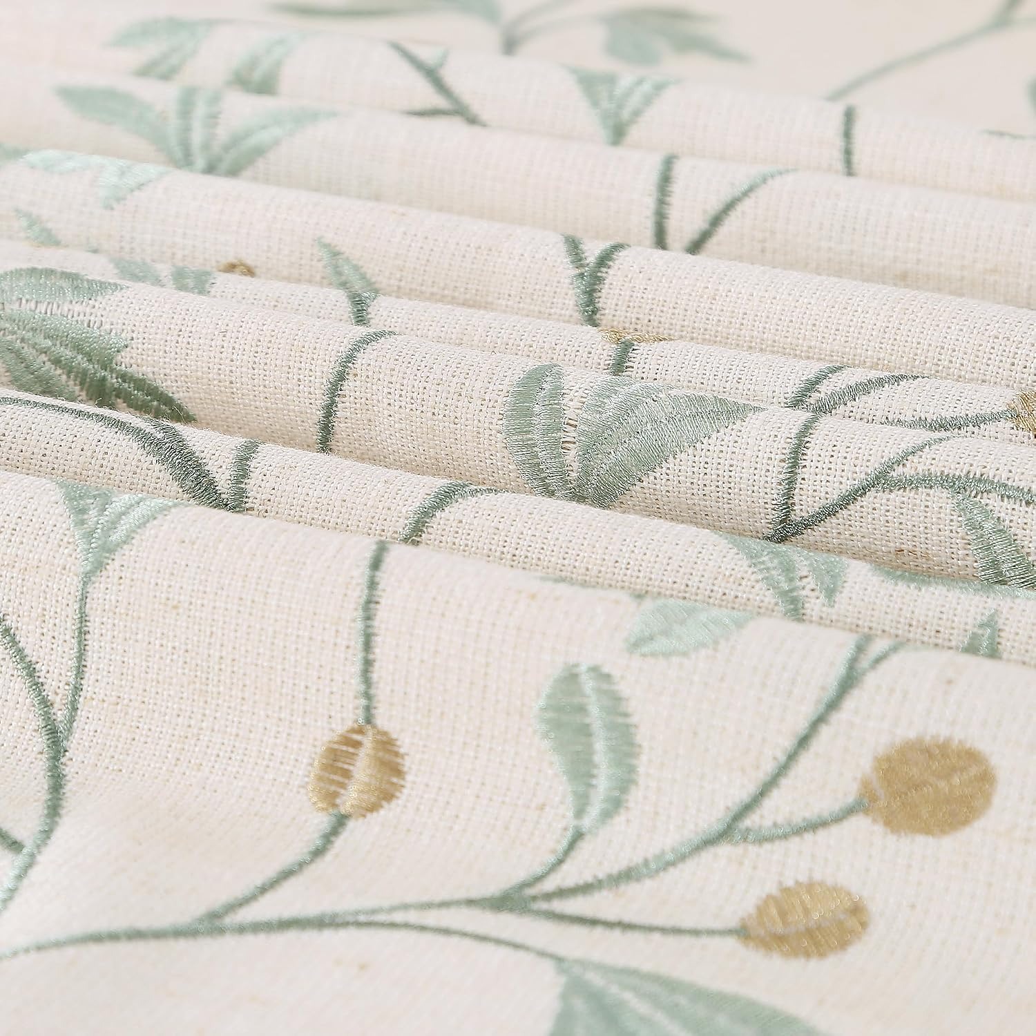 Embroidered Cotton Linen Tablecloth, Beige with Green Leaves and Tassels, 140 x 300 cm, detail view